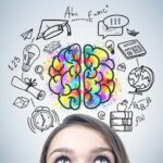Una ragazza guarda il disegno di un cervello con a lato altri disegni stilizzati. Simboleggia il modello RIASEC