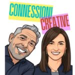 Un'illustrazione grafica stile fumetto del conduttore del podcast Francesco Tagliaverga e dell'ospite Serena Zirpoli. Il titolo 'CONNESSIONİ' è scritto in lettere celesti su un blocco di testo giallo, che si sovrappone a un secondo blocco di testo fucsia con la scritta 'CREATIVE' in rosso. Intervista su psicologia e benessere