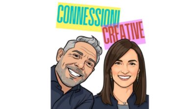 Un'illustrazione grafica stile fumetto del conduttore del podcast Francesco Tagliaverga e dell'ospite Serena Zirpoli. Il titolo 'CONNESSIONİ' è scritto in lettere celesti su un blocco di testo giallo, che si sovrappone a un secondo blocco di testo fucsia con la scritta 'CREATIVE' in rosso. Intervista su psicologia e benessere