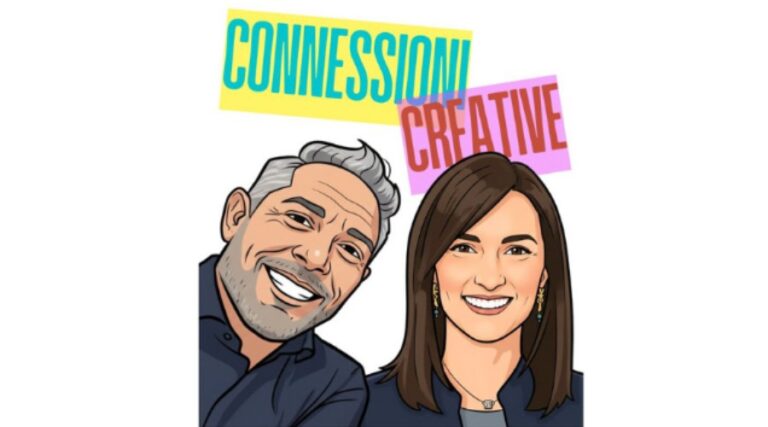 Un'illustrazione grafica stile fumetto del conduttore del podcast Francesco Tagliaverga e dell'ospite Serena Zirpoli. Il titolo 'CONNESSIONİ' è scritto in lettere celesti su un blocco di testo giallo, che si sovrappone a un secondo blocco di testo fucsia con la scritta 'CREATIVE' in rosso. Intervista su psicologia e benessere